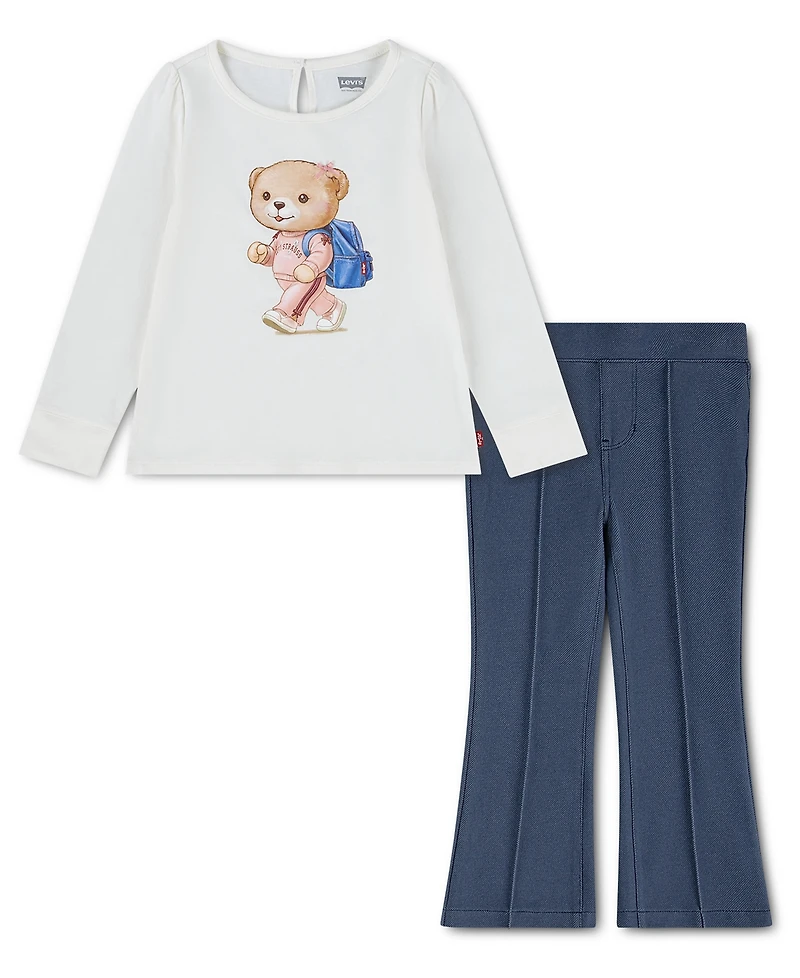 Levi's Toddler Girls' 2T-4T Bear Top and Flared Pants, 2-Piece Set