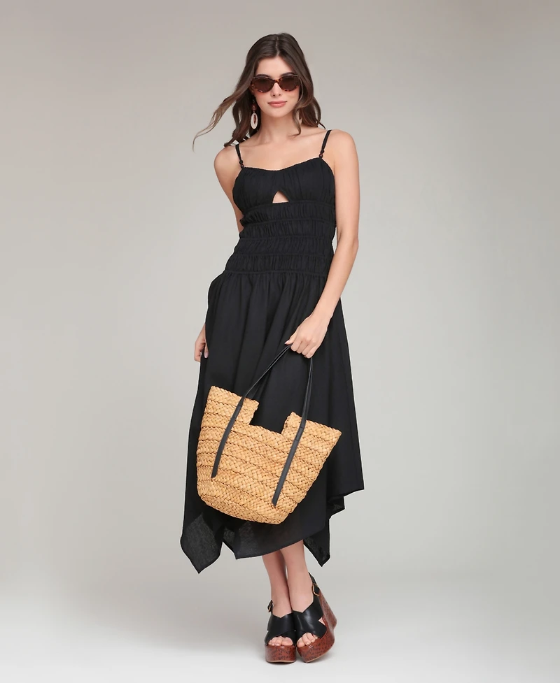 Avec Les Filles Women's Sweetheart Neck Shirred Handkerchief Hem Midi Dress