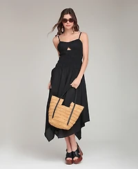 Avec Les Filles Women's Sweetheart Neck Shirred Handkerchief Hem Midi Dress