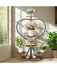 Unho Heart Shaped 8-Pot Plant Stand, Sturdy Metal Wood Indoor Display Rack