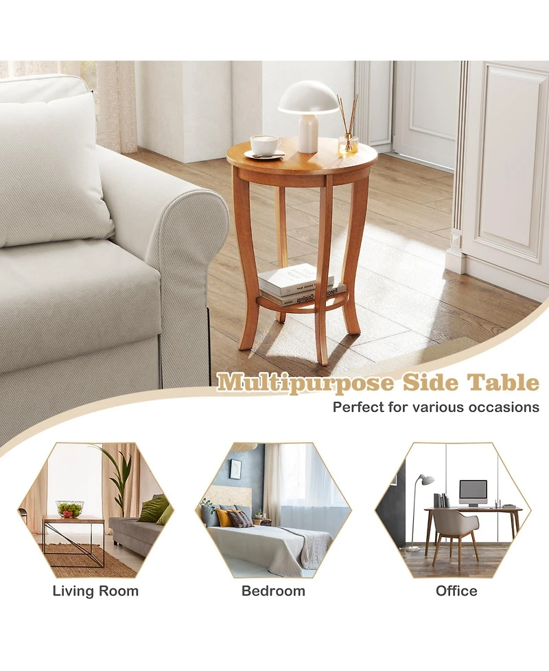 Sugift 2-tier Round End Table with Solid Wood Legs