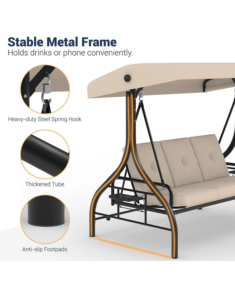 homfan 3-Seat Outdoor Swing with Adjustable Canopy, 2-in-1 Bed, Thick Cushions, Cup Holders and Tray, Weather-Resistant Patio Furniture