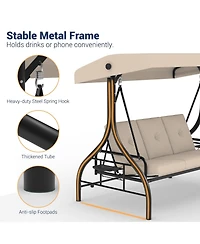 homfan 3-Seat Outdoor Swing with Adjustable Canopy, 2-in-1 Bed, Thick Cushions, Cup Holders and Tray, Weather-Resistant Patio Furniture