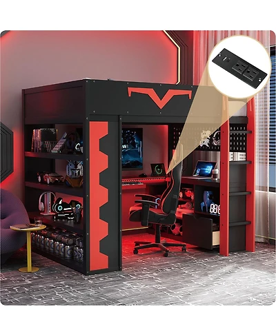 Streamdale Furniture Gaming Loft Bed With Desk, Rgb, Power, Storage