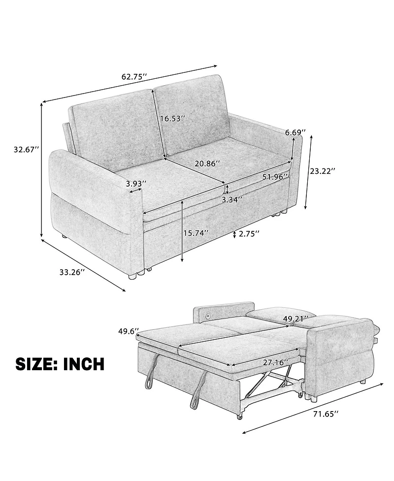 Streamdale Furniture Convertible Sofa Bed Loveseat with Usb Ports