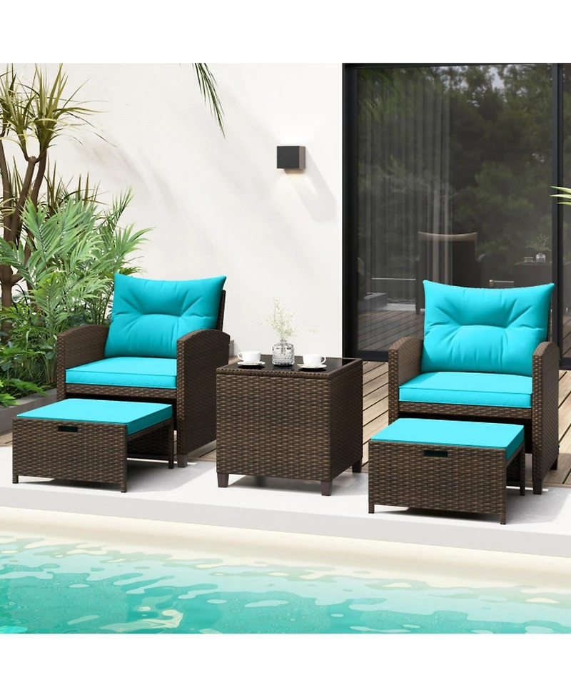 Sugift 5-Piece Patio Rattan Furniture Set with 2 Ottomans and Tempered Glass Coffee Table