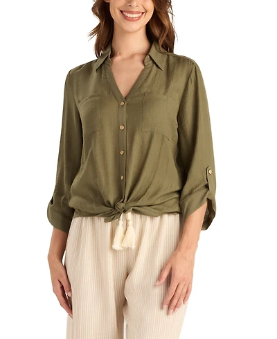 Bcx Women's Texture Gauze Collared Button-Front Top
