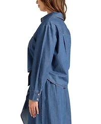 Bcx Women's Denim Long-Sleeve Collared Crop Top