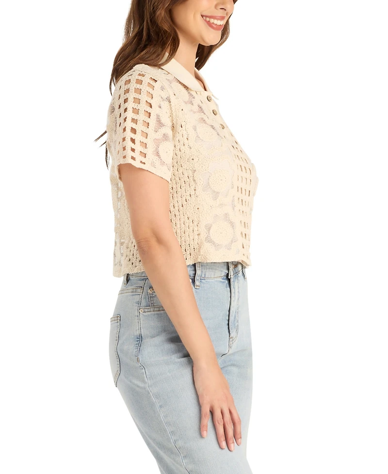 Bcx Women's Embroidered Crochet Collared Sweater