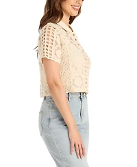 Bcx Women's Embroidered Crochet Collared Sweater