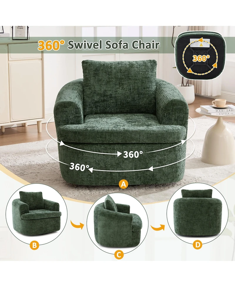 Rainsken 360degree(s) Swivel Sofa Chair, Chenille Fabric Accent Barrel Chair with Dual-layer Cushion Design, 36.6" Swivel Round Chair for Living Room