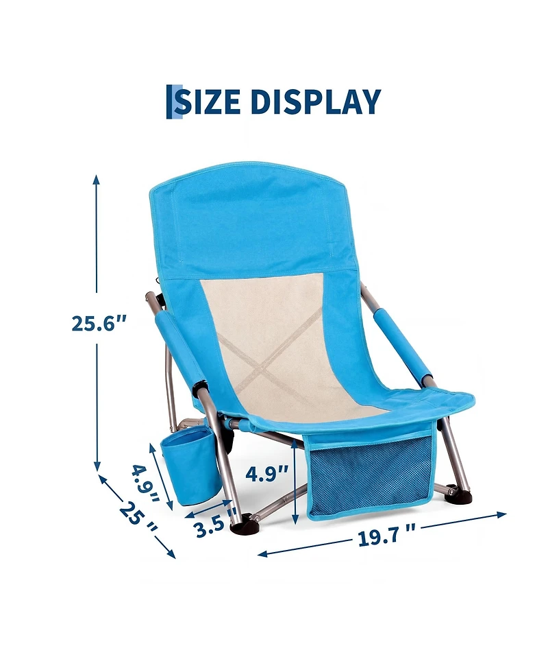 gaomon 2 Piece Portable Folding Low Beach Chair with Cup Holder, Storage Pocket for Camping, Beach, Travel