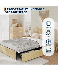 homfan Rattan Bed with Headboard, Bed Frame with Led Lights and 4 Storage Drawers, Wood Foundation with Silent Slats