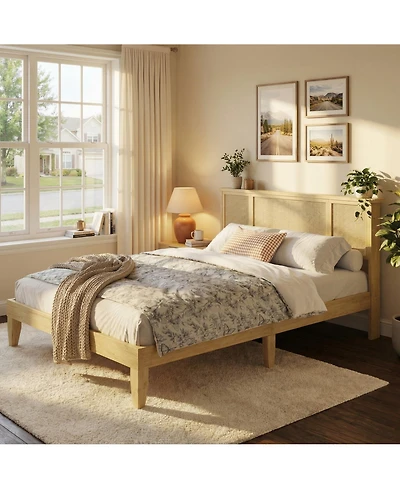 homfan Rattan Bed with Headboard, Bed Frame with Led Lights and 4 Storage Drawers, Wood Foundation with Silent Slats, No Box Spring Needed
