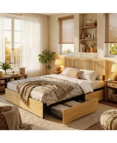 Homfan Rattan Bed With Headboard Bed Frame With Led Lights 4 Storage Drawers Wood Foundation With Silent Slats No Box Spring Needed