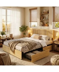 Homfan Rattan Bed With Headboard Bed Frame With Led Lights 4 Storage Drawers Wood Foundation With Silent Slats No Box Spring Needed