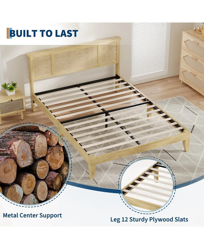 homfan Rattan Bed with Headboard, Bed Frame with Led Lights and 4 Storage Drawers, Wood Foundation with Silent Slats, No Box Spring Needed