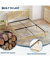 homfan Rattan Bed with Headboard, Bed Frame with Led Lights and 4 Storage Drawers, Wood Foundation with Silent Slats, No Box Spring Needed