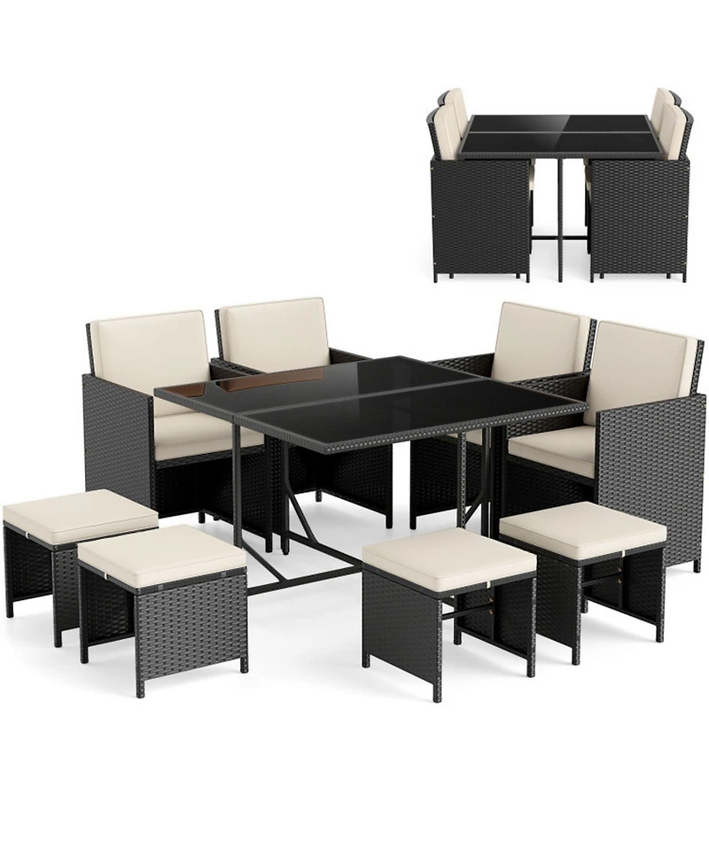Sugift Patio Dining Set with Tempered Glass Table and Ottoman