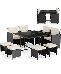 Sugift Patio Dining Set with Tempered Glass Table and Ottoman