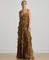 Lauren Ralph Women's Python-Print Ruffle-Trim Georgette Gown