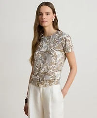 Lauren Ralph Lauren Womens Paisley Short Sleeve Sweater