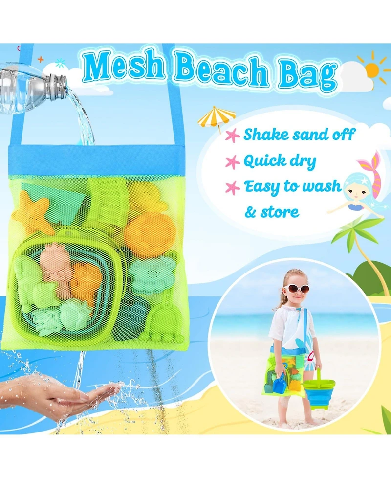 Gnuadz 16-piece Collapsible Beach Toys Foldable Sand Bucket Shovels Mesh Bag Castle Kit