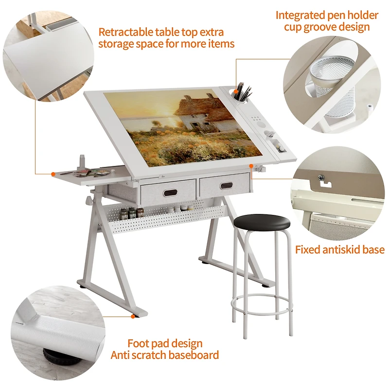 Streamdale Furniture Adjustable Drafting Table Desk with 2 Drawers and Stool