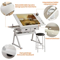 Streamdale Furniture Adjustable Drafting Table Desk with 2 Drawers and Stool