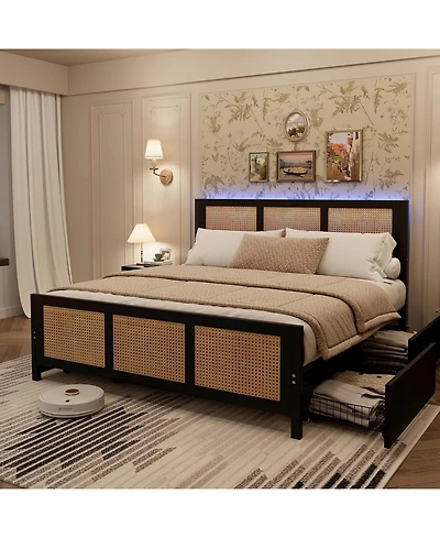gaomon Rattan Platform Bed Frame with Boho Headboard and Metal Slat Support