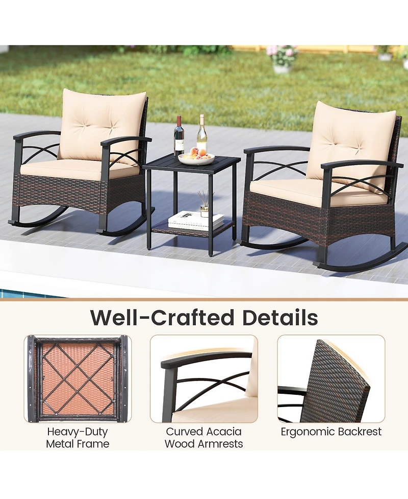 Sugift 3 Piece Rocking Bistro Set Pe Rattan Rocker Chairs with Acacia Wood Top Table