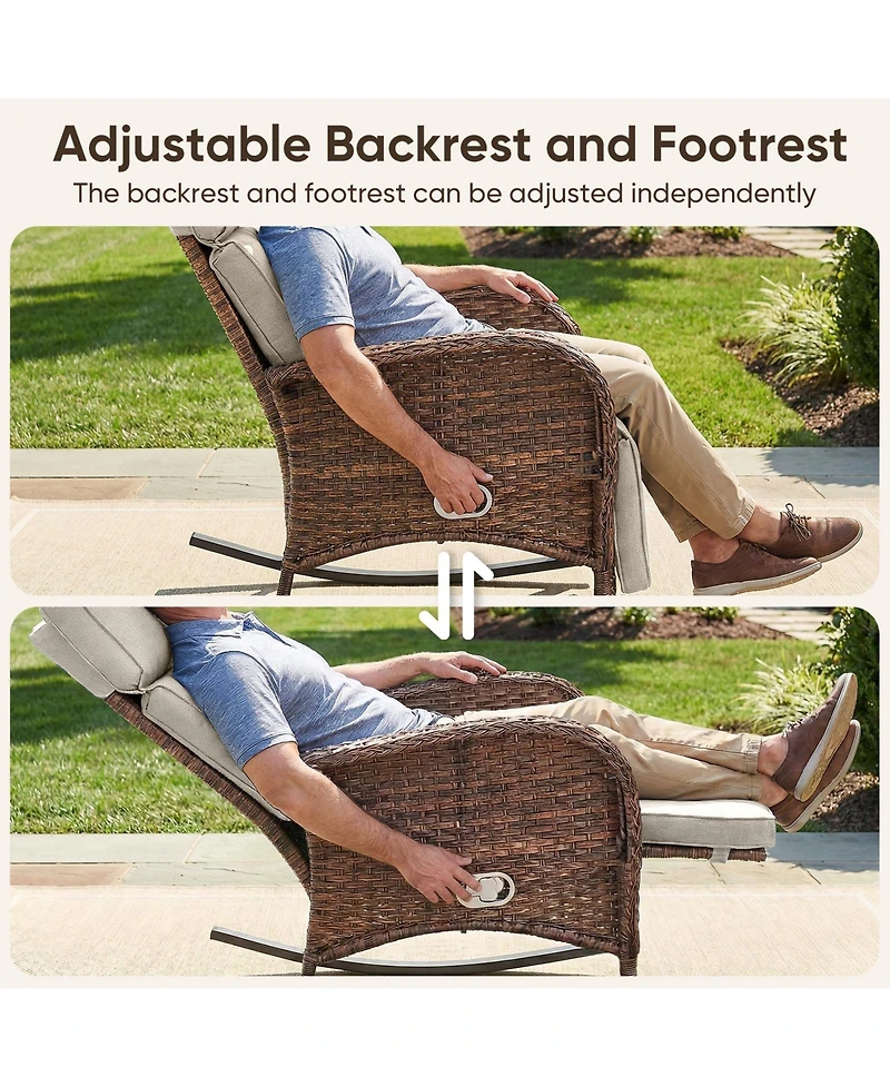 Pocassy Outdoor Wicker Rocking Recliner with Adjustable Backrest and Footrest