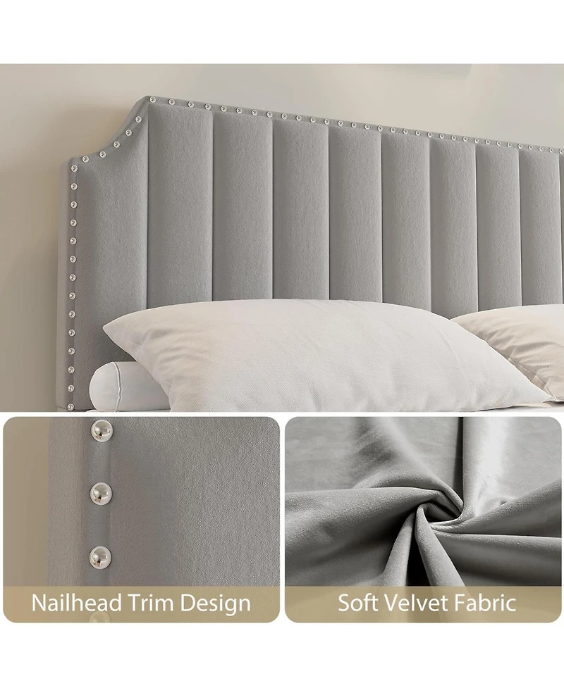 gaomon Queen Platform Bed, 52" Velvet Headboard with Nailhead Trim, Wood Slats, No Box Spring Needed