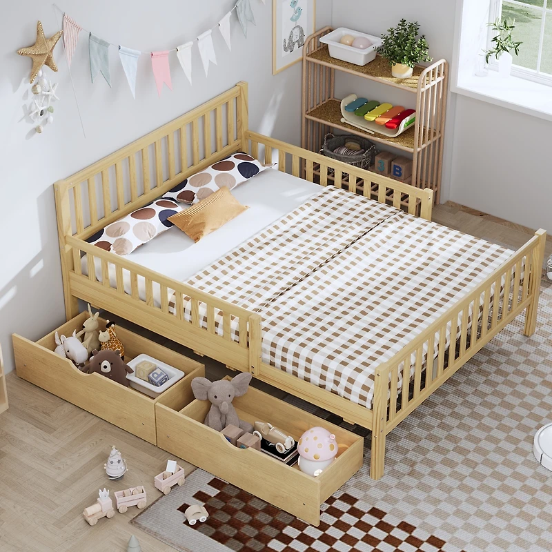 Streamdale Furniture Wood Platform Bed with Guardrails and 2 Drawers