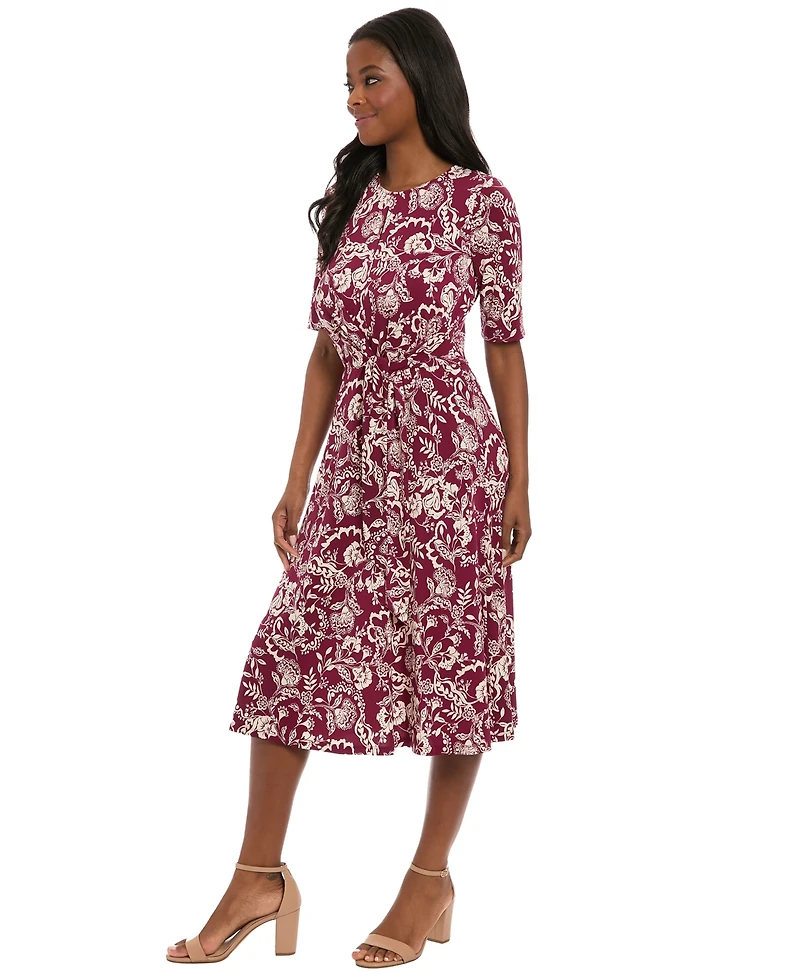 London Times Women's Crewneck Fit and Flare Midi Dress