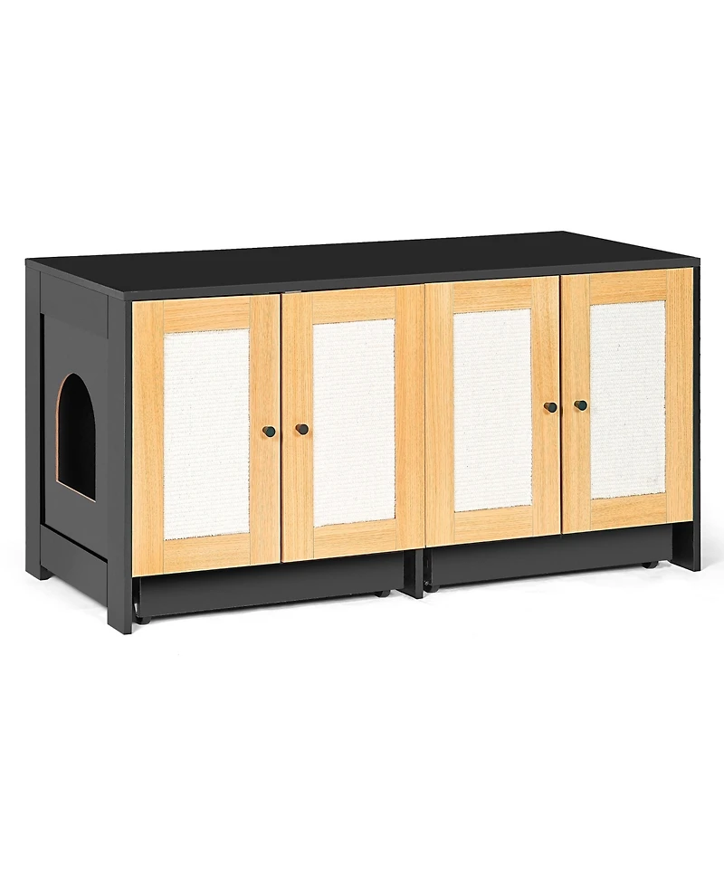 Aostirmotor Double Cat Litter Box Enclosure with Rattan Doors - Hidden Furniture for 2 Cats.