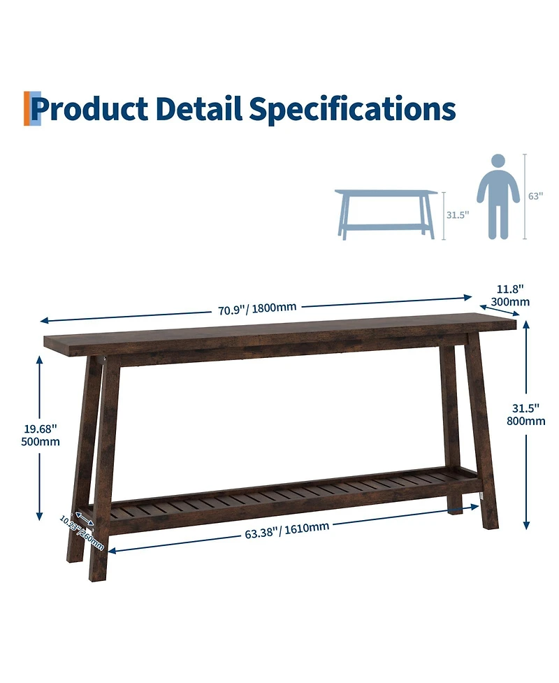 Gaomon 70.9 In Console Table, 2-Tier Narrow Sofa Table Behind Couch, Extra Long Entryway Table for Hallway, Industrial Farmhouse Entry Table