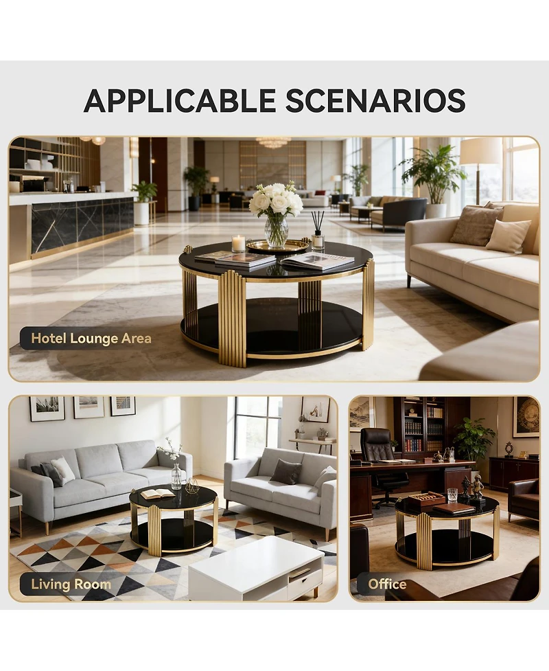 Streamdale Furniture 35" Modern Coffee Table, Glass & Gold Stainless Steel Living Room Table
