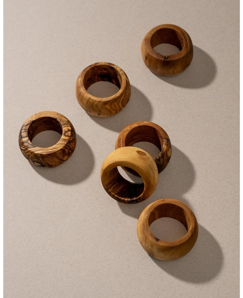 Gharyan Stoneware, Natural Olive Wood Napkin Rings - Set of 6