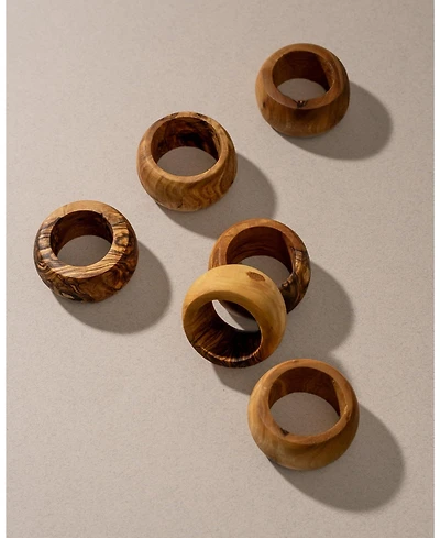 Gharyan Stoneware, Natural Olive Wood Napkin Rings - Set of 6