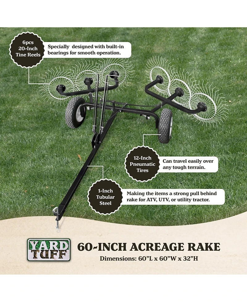 Yard Tuff 60inch Steel Tow Behind Acreage Rake Lawn Sweeper with Pin Style Hitch