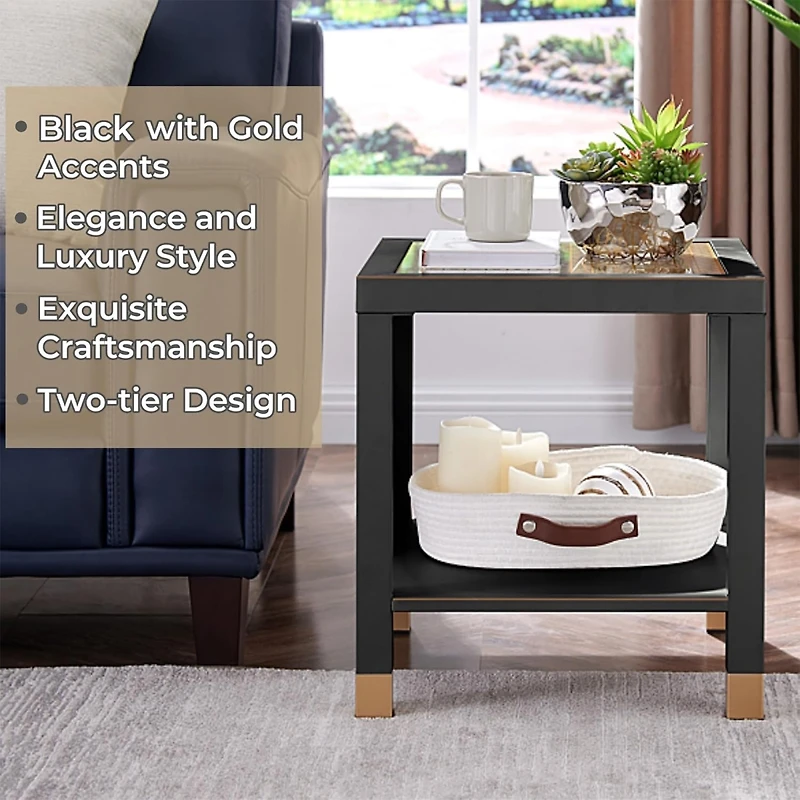 Streamdale Furniture Boho 2-Tier Side Table with Glass Top and Shelf