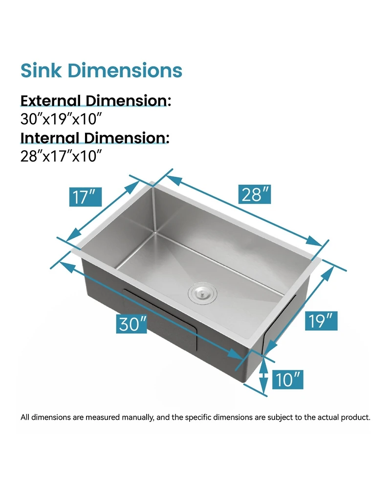 Busdays Stainless Steel Kitchen Sink, 30"x19" Drop In Single Bowl, Undermount Handmade Sink in Brushed Nickel, with Us Standard Drain and Hook