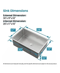 Busdays Stainless Steel Kitchen Sink, 30"x19" Drop In Single Bowl, Undermount Handmade Sink in Brushed Nickel, with Us Standard Drain and Hook
