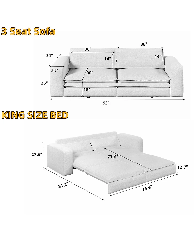 Streamdale Furniture 93" King Size Sleeper Sofa Bed, Pull Out Sofa, 3-in-1 Convertible Chaise Lounge Couch