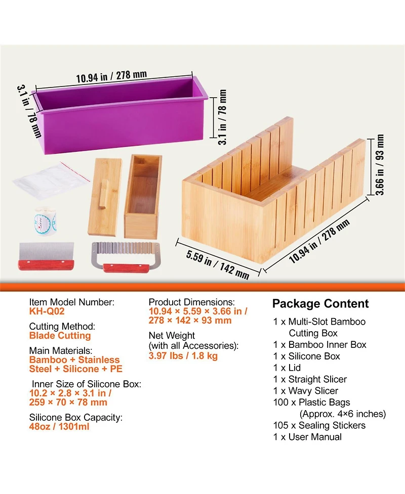 Yobtop Soap Making Kit Bamboo Cutting Box with Silicone Mold, Stainless Steel Straight and Wavy Cutters, 100 Bags and 105 Stickers Diy Supplies