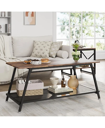 homfan Coffee Table, 2-Tier Center Table with Wood Legs and Thickened Top, Living Room with Rounded Corners, Side Table for Office
