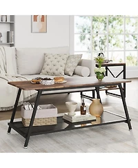 homfan Coffee Table, 2-Tier Center Table with Wood Legs and Thickened Top, Living Room with Rounded Corners, Side Table for Office