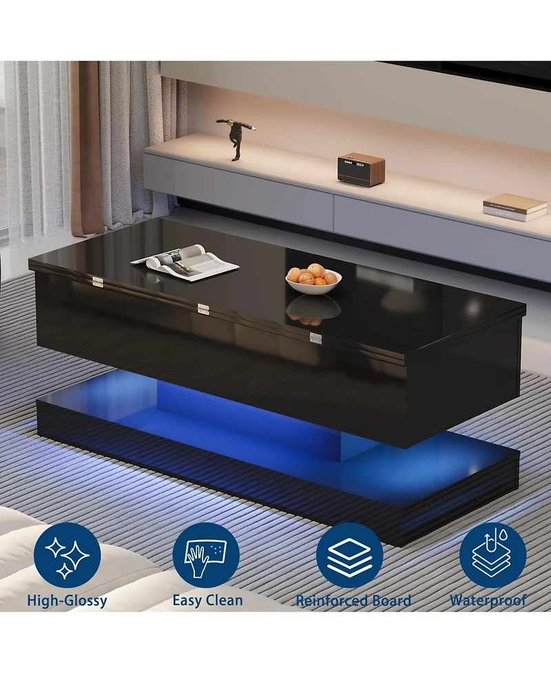 homfan 47.2 Inch Large Lift Top Coffee Table Modern High Glossy Led Storage with App Control for Living Room Dining Home Office