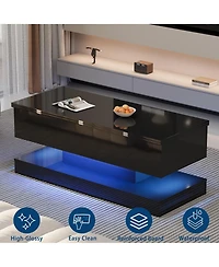 homfan 47.2 Inch Large Lift Top Coffee Table Modern High Glossy Led Storage with App Control for Living Room Dining Home Office